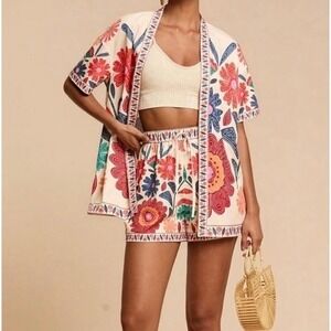 NWT MakeMeChic Red & Cream Tropical BeachBoho Floral Kimono & Shorts Set  Small